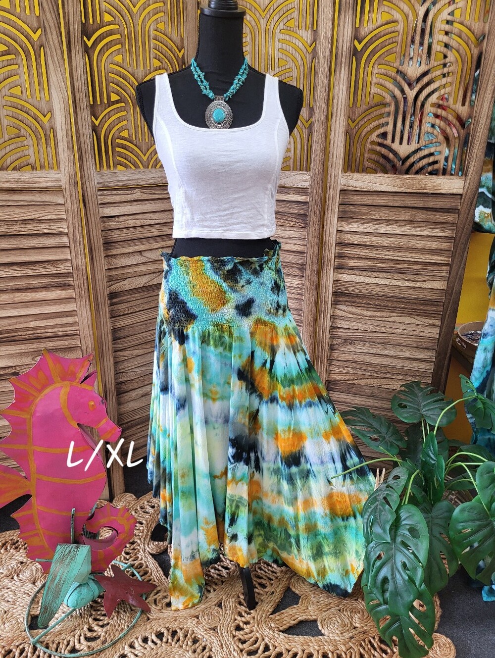 Boho Tie-Dye Maxi Skirt in Aqua & Orange